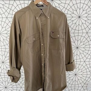 Tommy Hilfiger Vintage Khaki Button-Down Shirt | Classic Utility Style | Size L